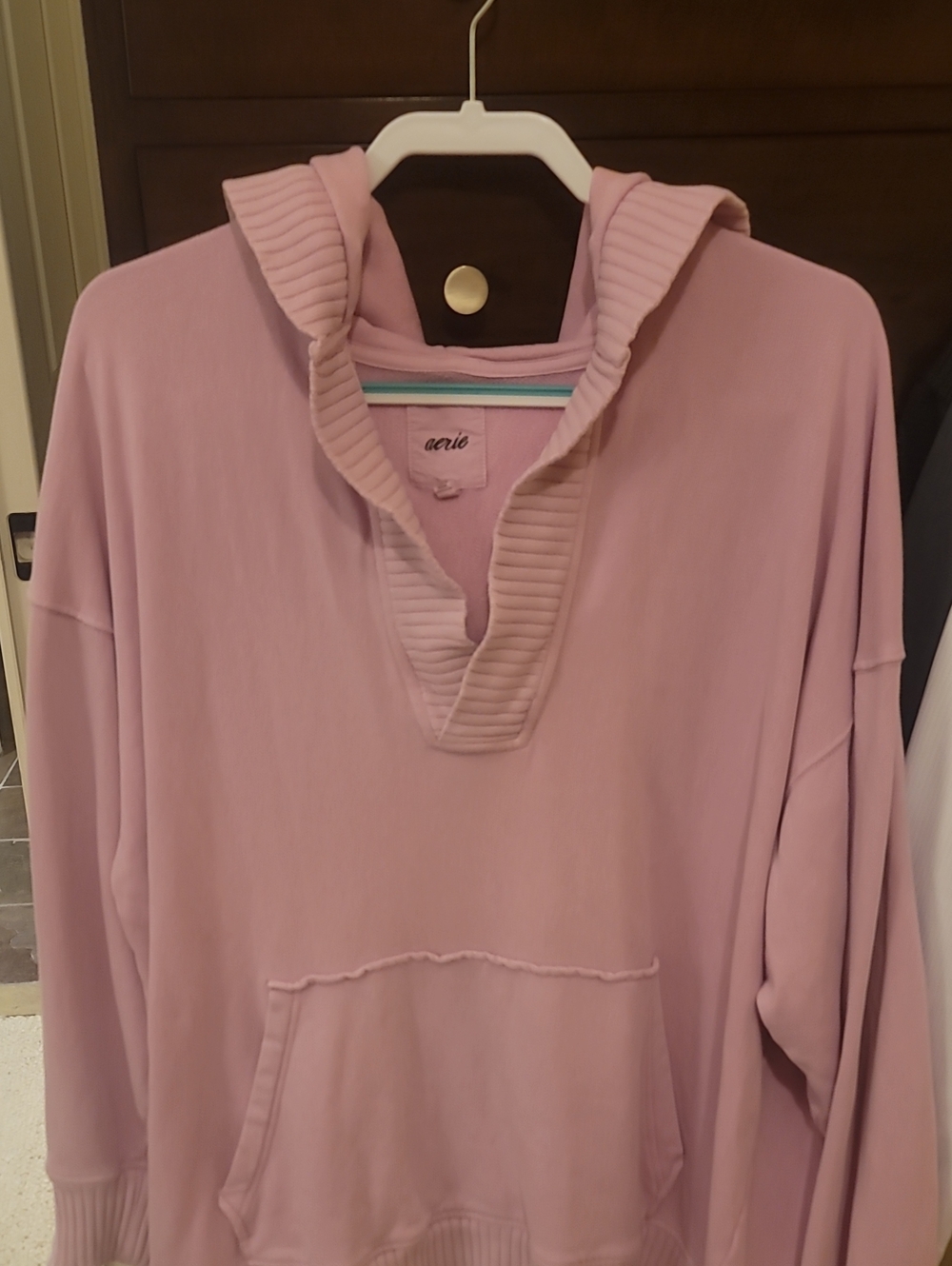 Aerie Oversized Blush Ribbed V-Neck Hoodie  . Super Soft. One Small Hole By Pock
